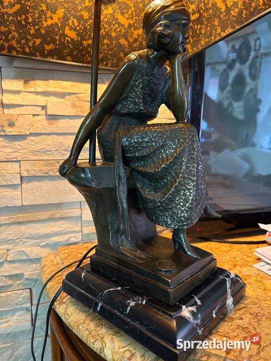 Przedwojenna lampa gabinetowa z brązu sygnowana Lampy stołowe i nocne dolnośląskie Długopole-Zdrój