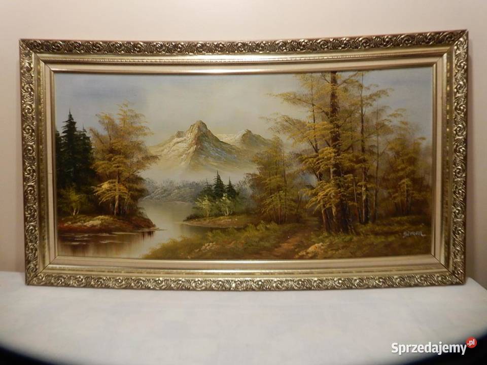 Duży Obraz Olejny GÓRY JEZIORO 116x60 Vintage w Piła