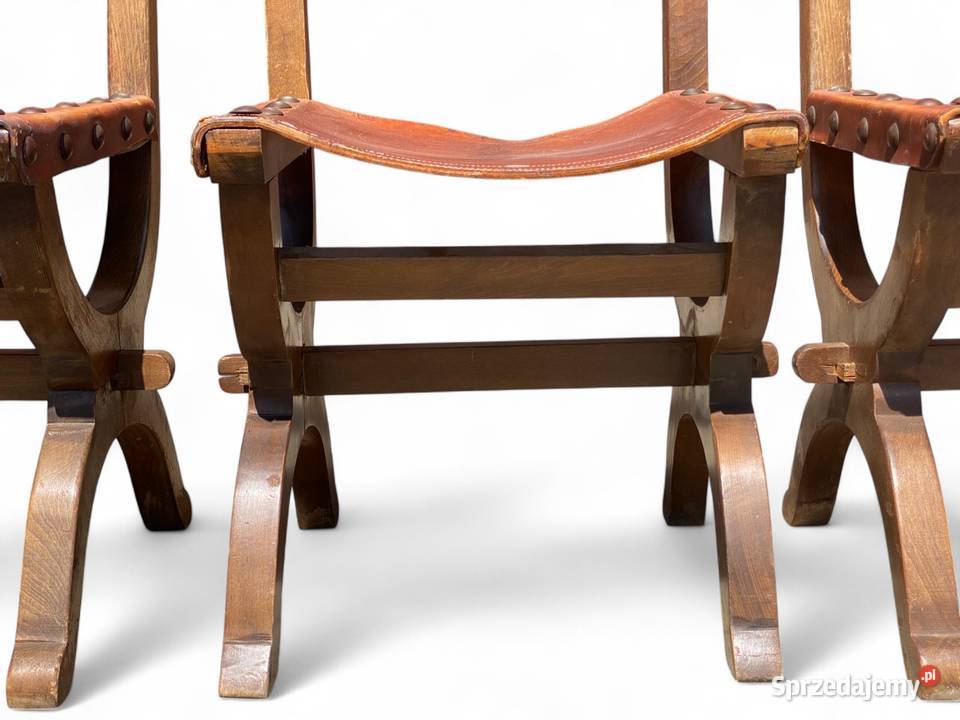Zestaw 3 dębowych krzeseł vintage skóra Meble Gryfice