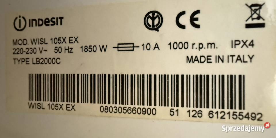 PRALKA INDESIT WISL 105 X EX włoska produkcja Rzeszów