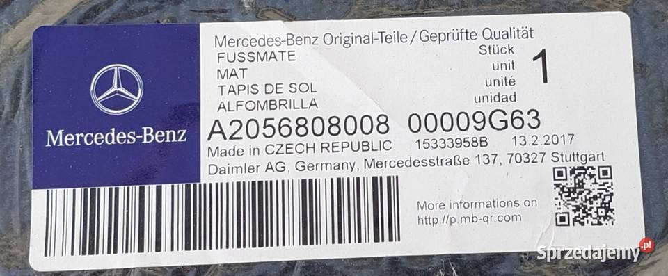 ORYGINALNE DYWANIKI WELUROWE MERCEDES A205 AMG osobowe Mielęcin