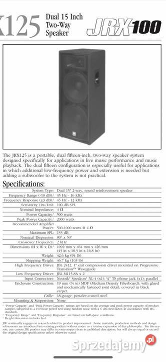 Kolumny JBL JRX 125 zachodniopomorskie Lisowo