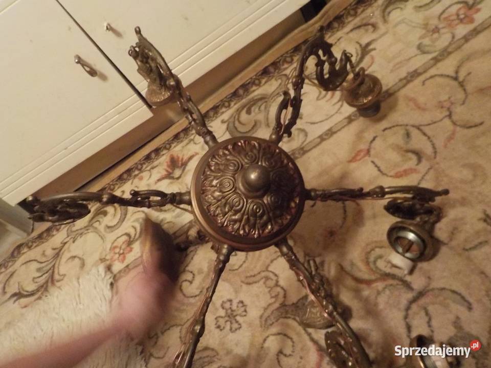 stara lampa 6 ramienna z mosiadzu z boku orly Antyki pomorskie Sopot sprzedam
