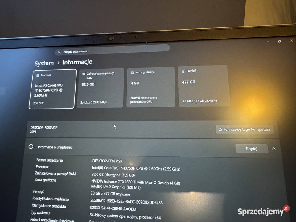 Lenovo Thinkbook GTX 1650 Ti i7 32GB ram 512 SSD Wrocław