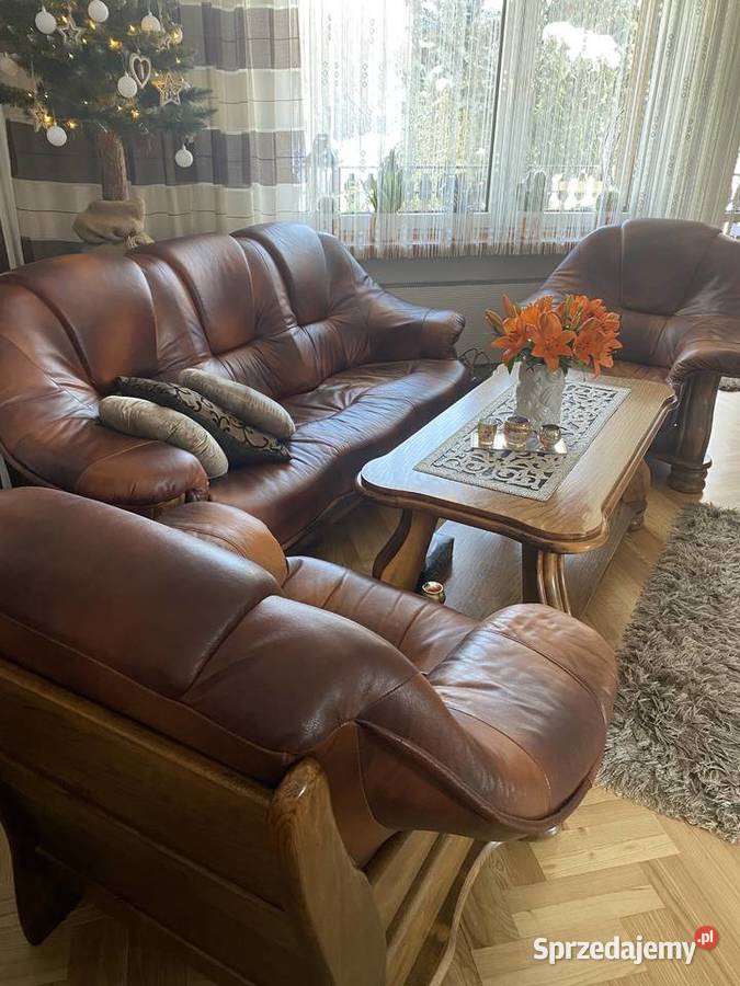 Komplet wypoczynkowy skórzany plus ława dębowa Sofy i kanapy Gorlice