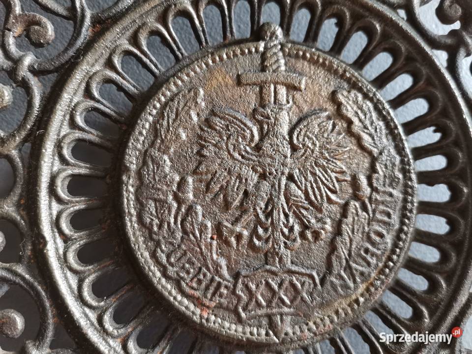 Stary żeliwny ażurowy talerz medal XXX LAT W Katowice