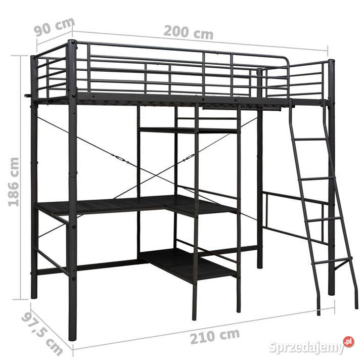 Rama łóżka piętrowego z biurkiem czarna metalowa 97cm mazowieckie Warszawa