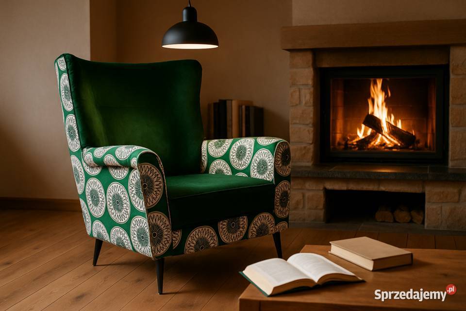 Fotel Uszak Kominkowy Patchwork Skandynawski Kazimierz Biskupi