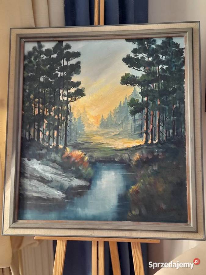 Słoneczny krajobraz z rzeką obraz olejny płótno Iłża