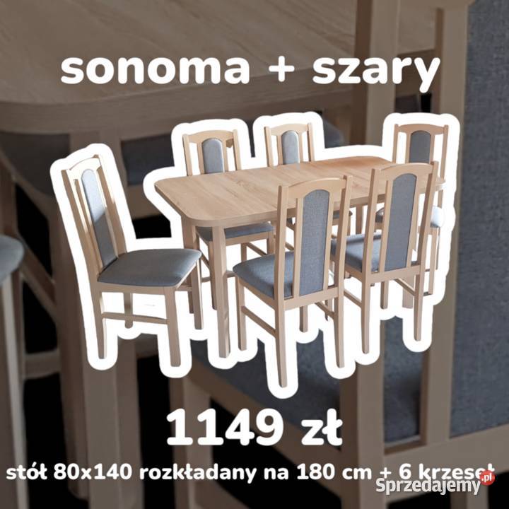 Nowe: Stół 80x140/180 + 6 krzeseł, SONOMA + SZARY, transPL