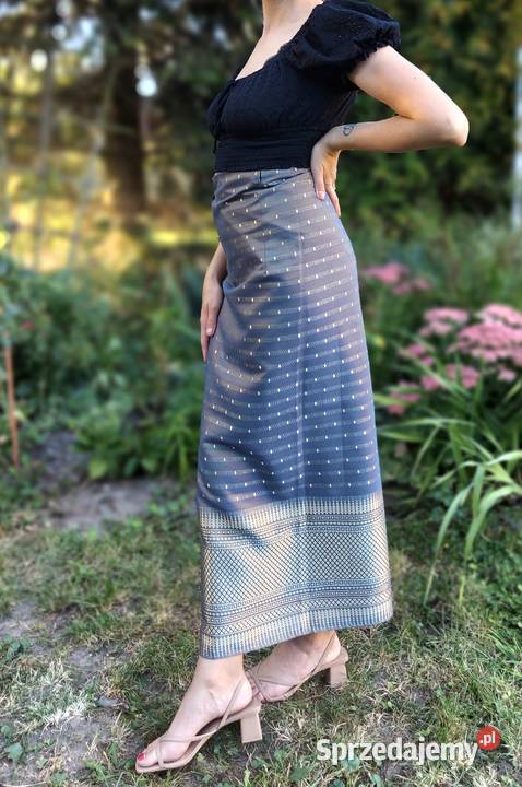 Tajski sarong szary złoty kolor spódnica boho szary/srebrny Spódnice i sukienki zachodniopomorskie Szczecin
