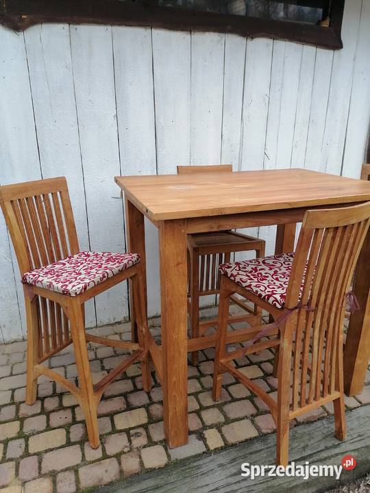 Wysoki Stół teek herbaciany Cztery hokery Wąwolnica