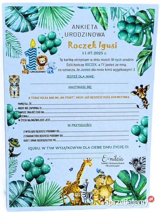 Ankieta na ROCZEK CHRZEST URODZINY Pamiątka Pozostałe Zielona Góra