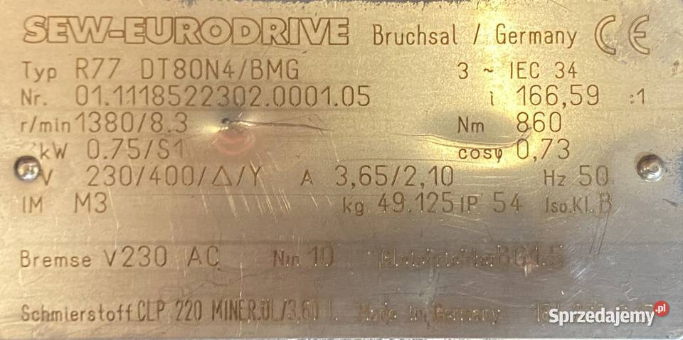 motoreduktor przekładnia 075kW 83obr 3fazowy Pigża sprzedam