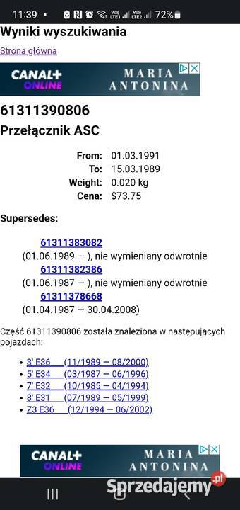 Przełącznik ASC BMW OE 1 390 806 osobowe Lusowo