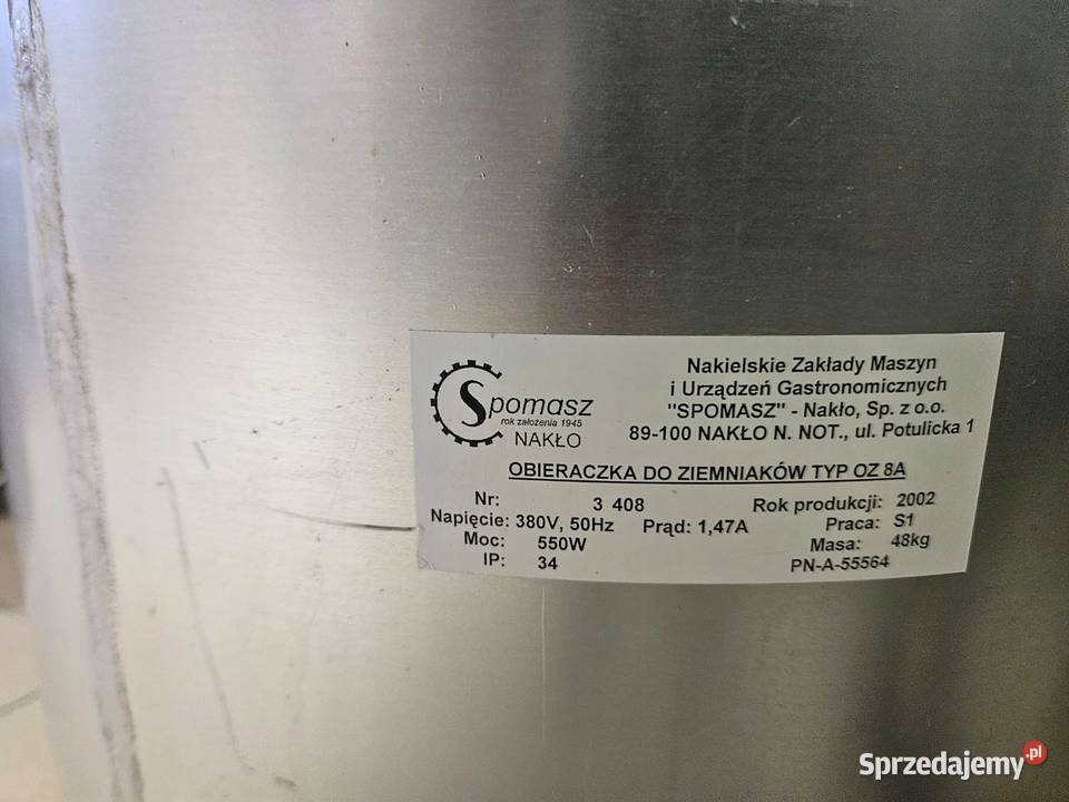 Obieraczka do ziemniaków Spomasz Typ OZ 8 A wsad Góra sprzedam