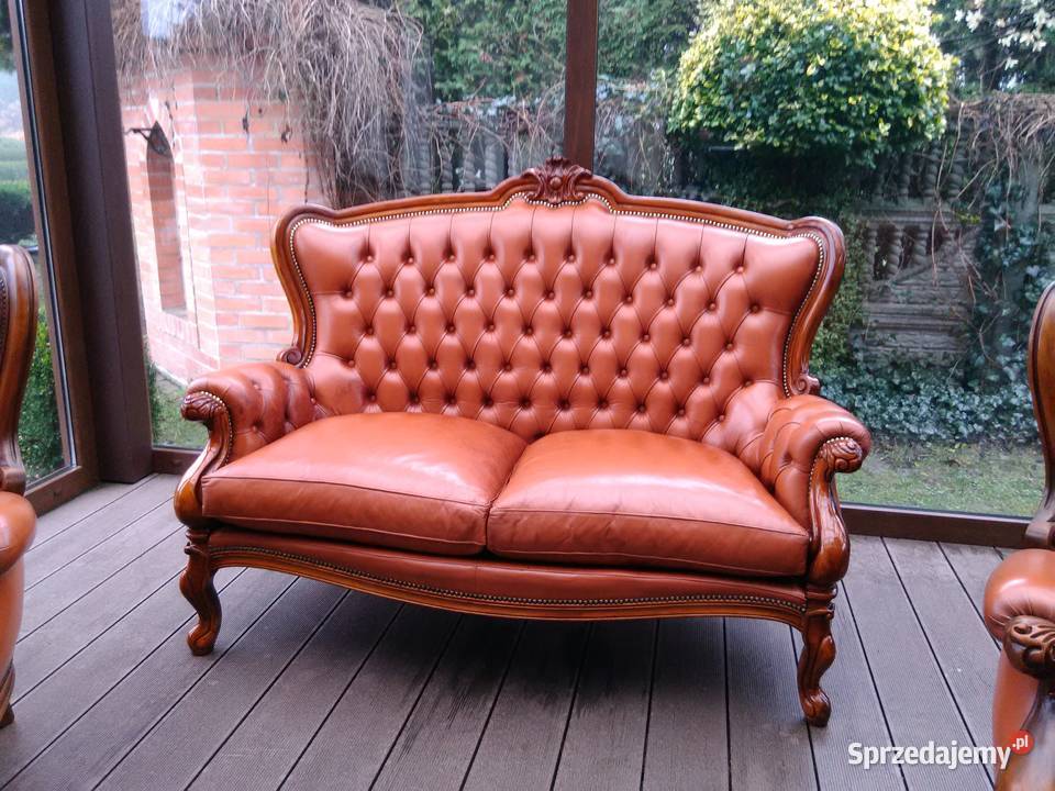 Sofa LUDWIK 2osobRzeźbiona Skóra Antyk Stan Kluki