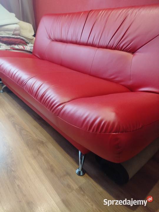 Czerwona skórzana wersalka 2 fotele Poręba