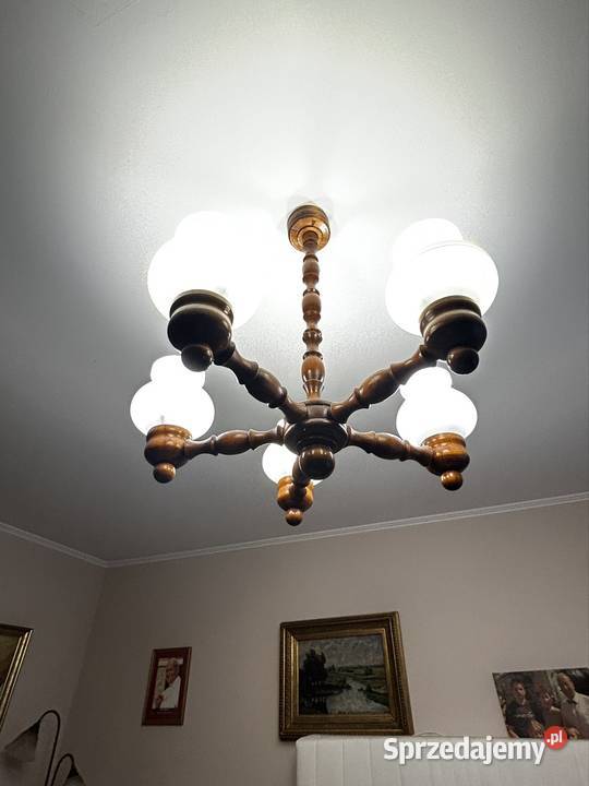 Żyrandol drewniany pięcioramienny PRL Plewiska