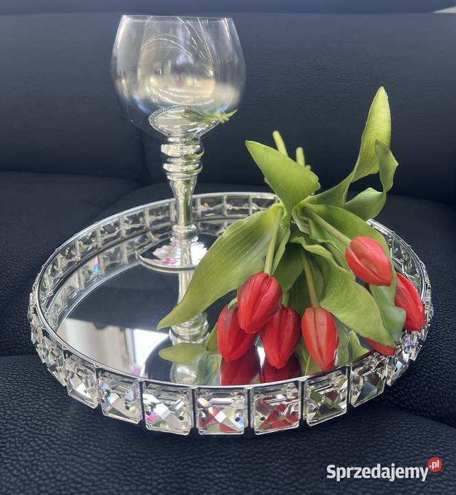 srebrna lustrzana okrągła patera z kryształkami Nowy Sącz