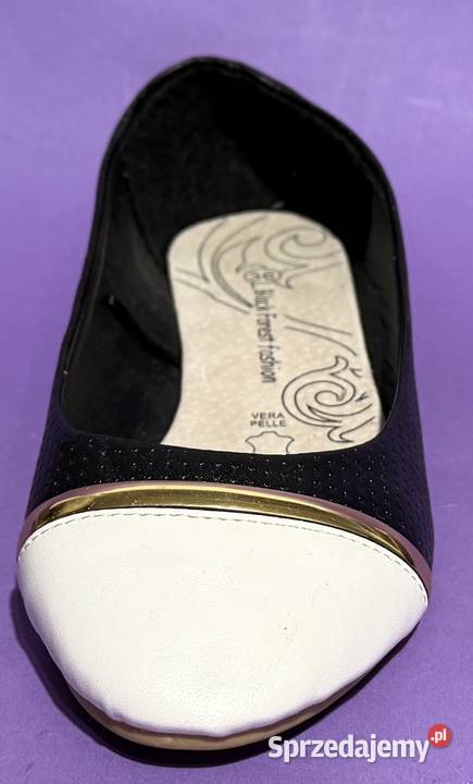 Czarne baleriny z białym czubkiem skórzana 24cm Żyrardów