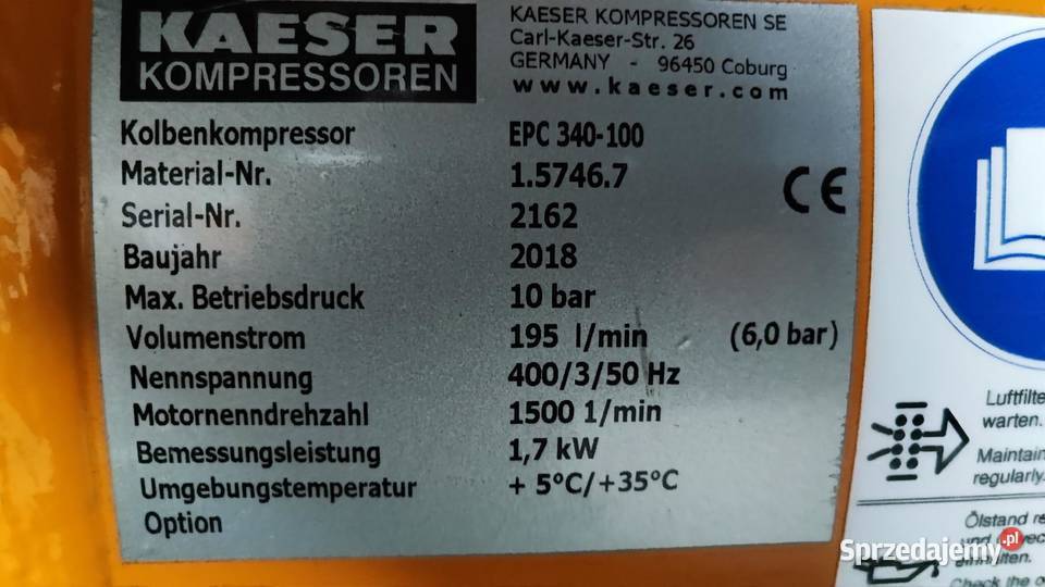 kompresor tłokowy Kaeser EPC 340 100 Pozostałe Sucha Beskidzka sprzedam