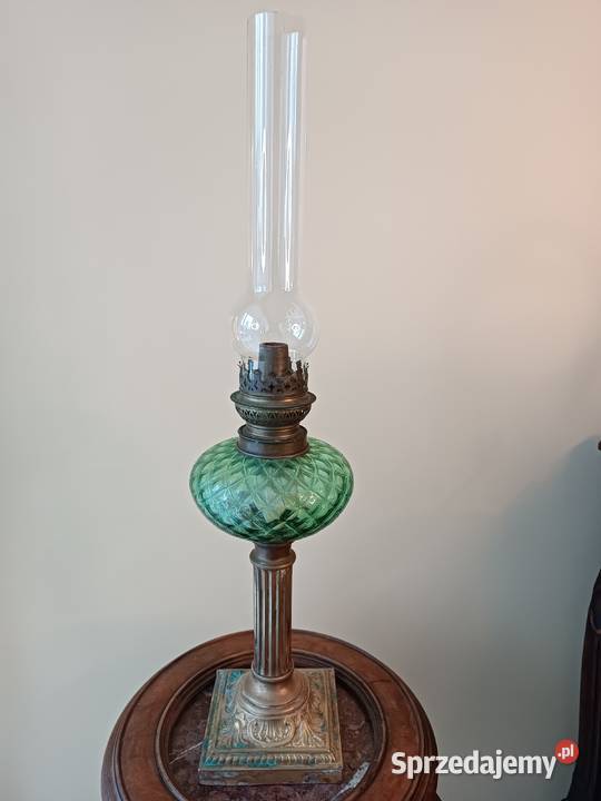 Lampa naftowa kolumnowa mosiądz Francja XIX w Antyki, Sztuka, Kolekcje