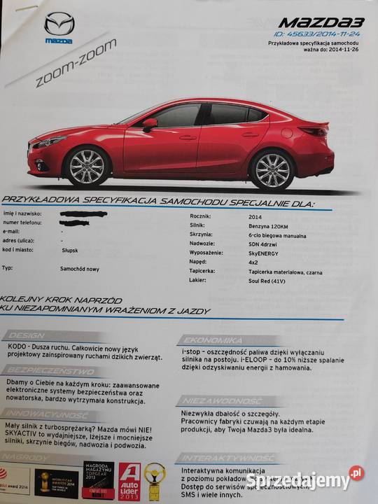 MAZDA 3 sedan salonowy 2014 światła LED Kwakowo