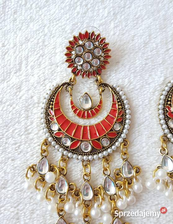 Długie kolczyki czerwony złoty kolor indyjskie Kolczyki Szczecin