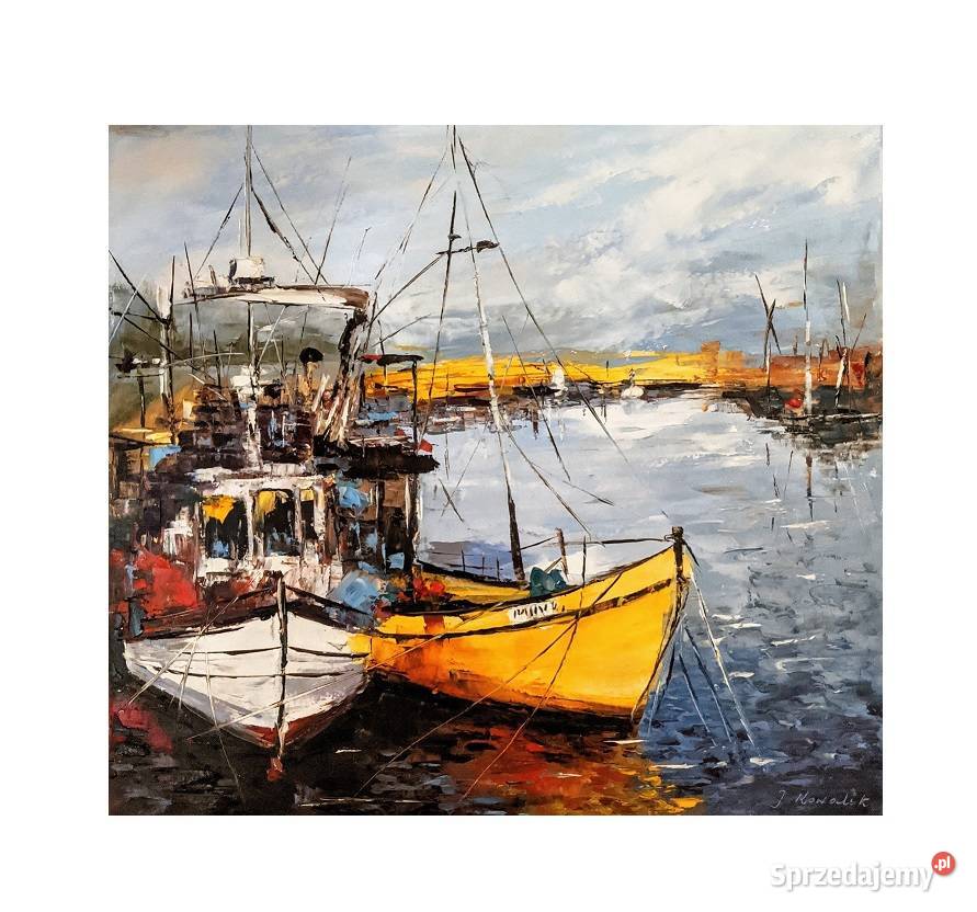 Kowalik Przystań 50x45 olejny statek jacht kuter mazowieckie Warszawa