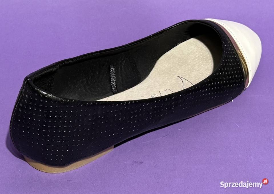 Czarne baleriny z białym czubkiem skórzana skóra ekologiczna Żyrardów