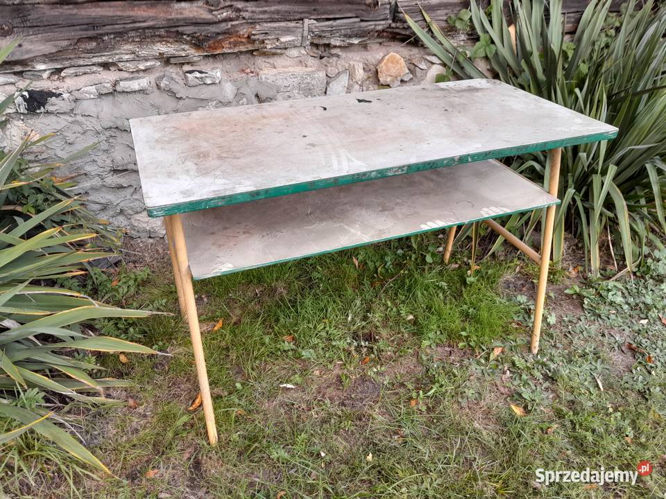 Stolik metalowy z dwoma blatami ławka PRL retro Dąbrowa Górnicza