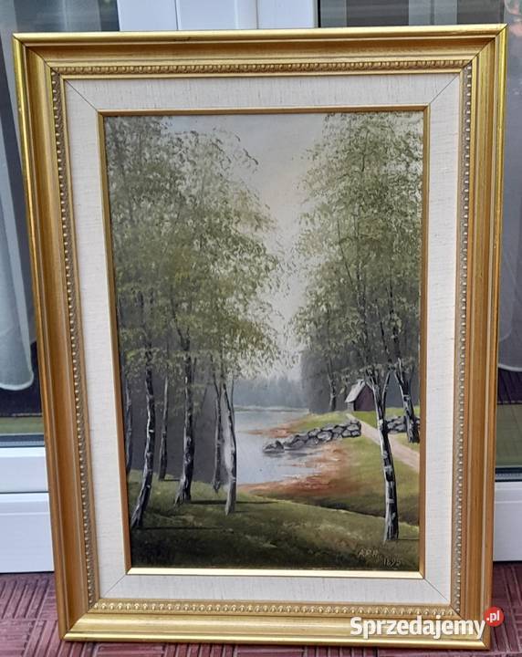 1895 AFH Pejzaż z brzozami złota rama cenny