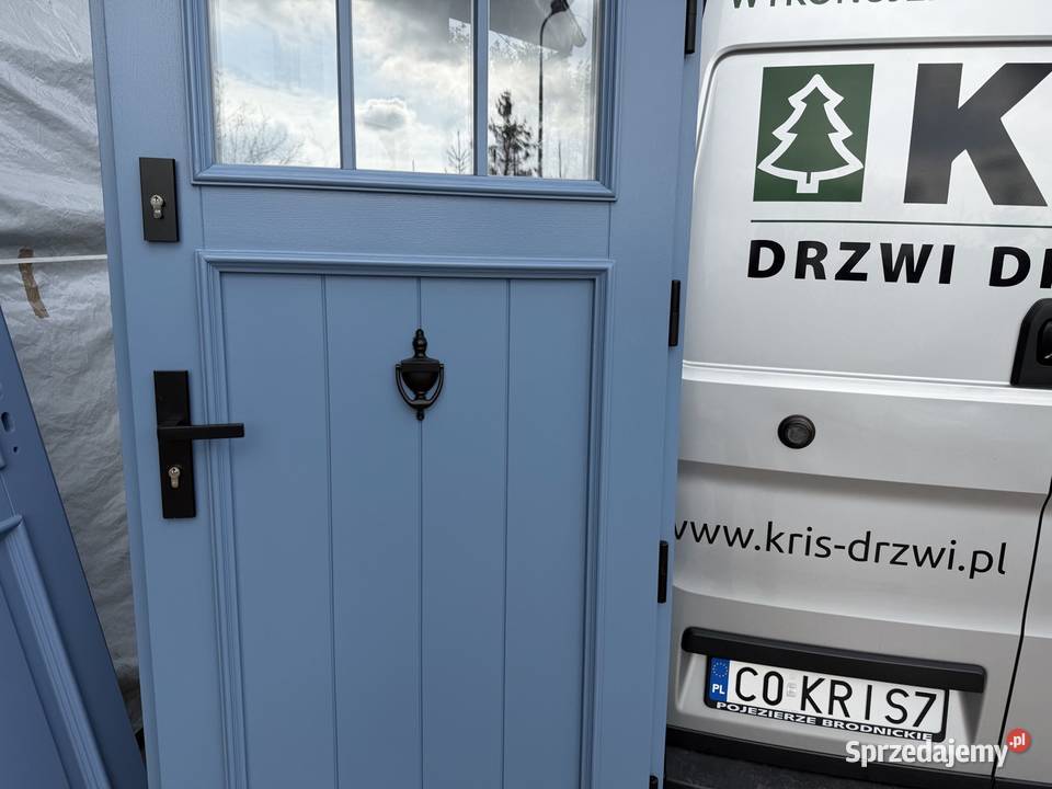 Drzwi zewnętrzne drewniane RĘKI niebieskie Kraków