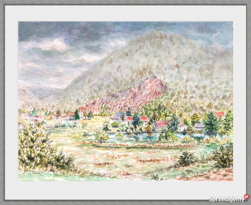 obraz akwarelowy pejzaż góry drzewa wieś Malarstwo Świerzawa