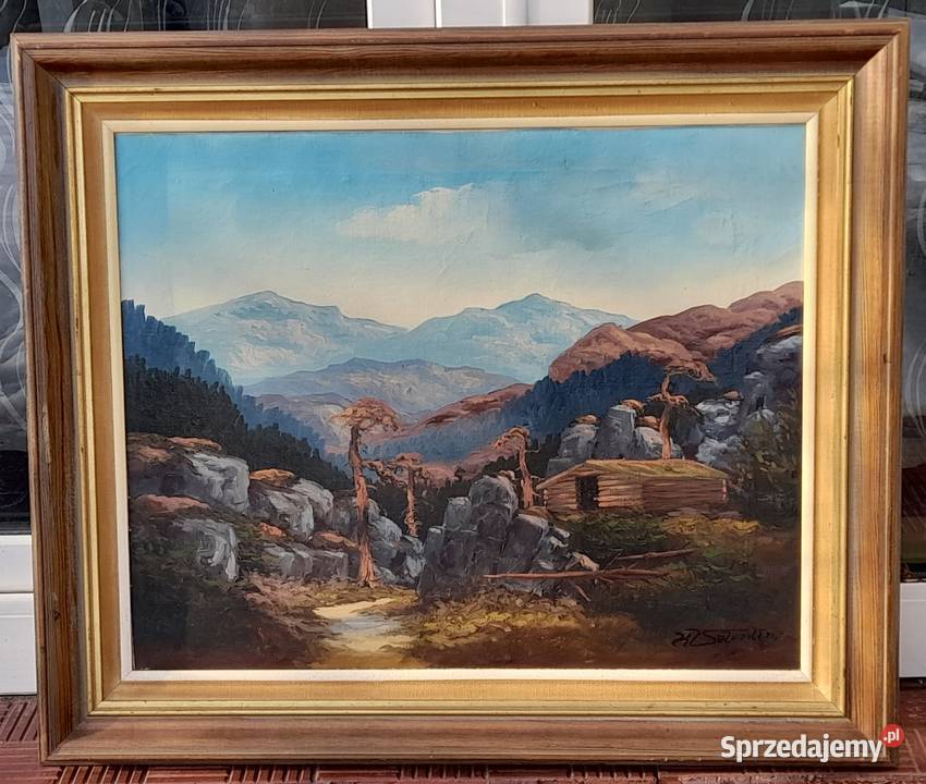 „Pejzaż z widokiem na góry” piękny obraz olejny