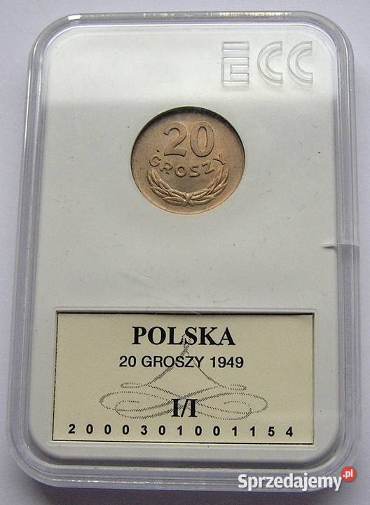 Polska 20 gr 1949 r bz Stan I UNC w slabie GCN Rydzyna