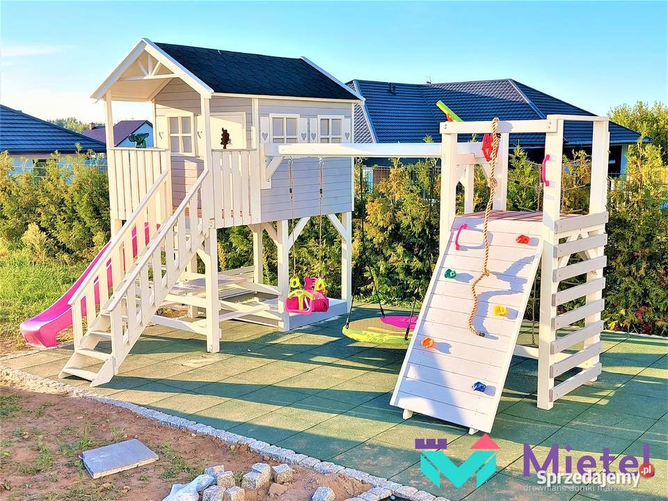 Wyjątkowy domek drewniany pełny zestaw błękitny Stopnica