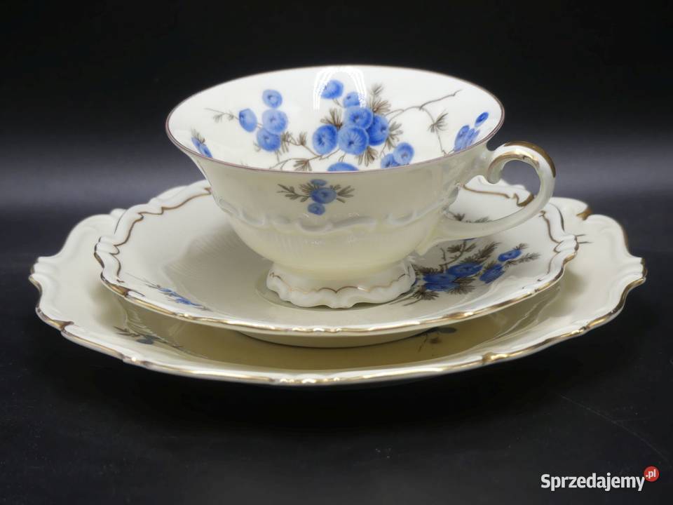 Komplet śniadaniowy Sorau Żary niebieskie Mimozy Porcelana i szkło Poznań sprzedam