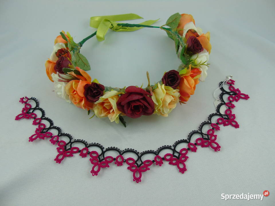 Obróżka choker na szyję frywolitkowy Wiśniowa