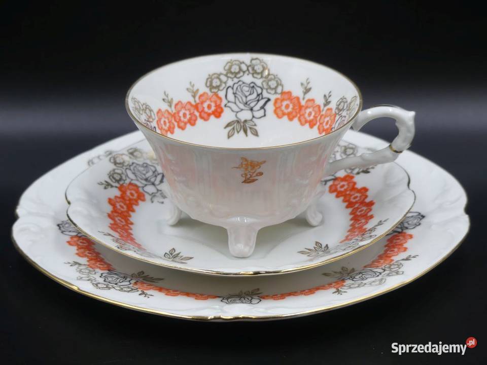 Urokliwe trio Tułowice Tillowitz na nóżkach 1928 Porcelana i szkło Poznań