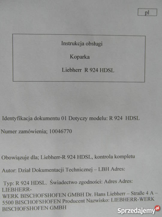 INSTRUKCJA OBSŁUGI DTR LIEBHERR R924 HDSL i iNNE Pozostałe Szczecin