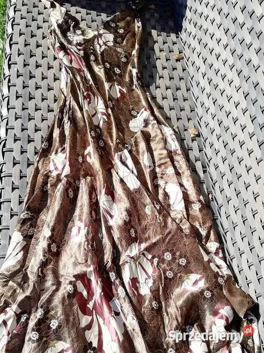 Solar satynowa długa suknia brąz ecru zieleń 38M