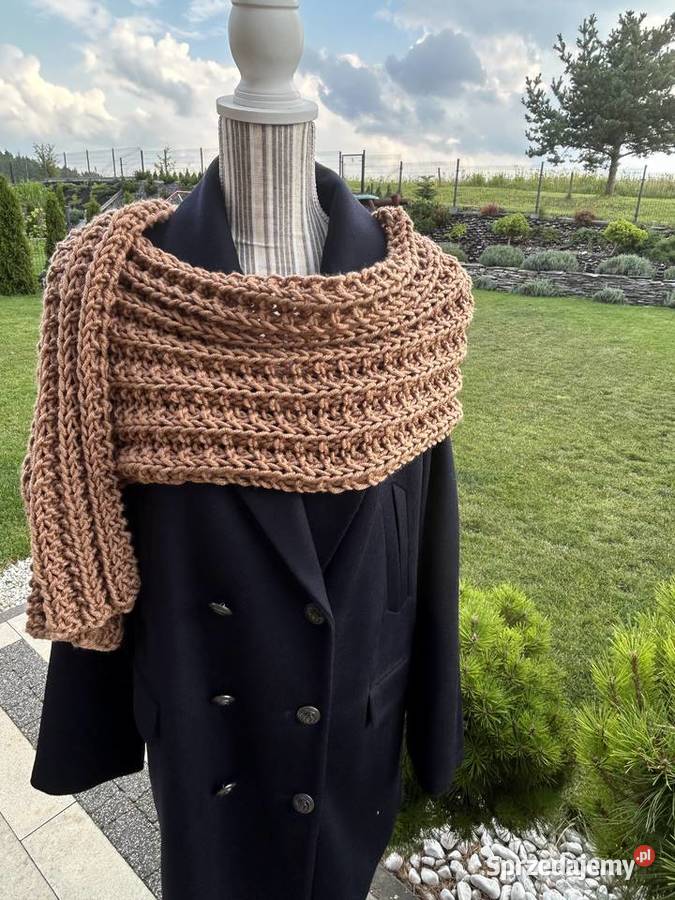 Szal złotobrązowy wzór francuski handmade nowy