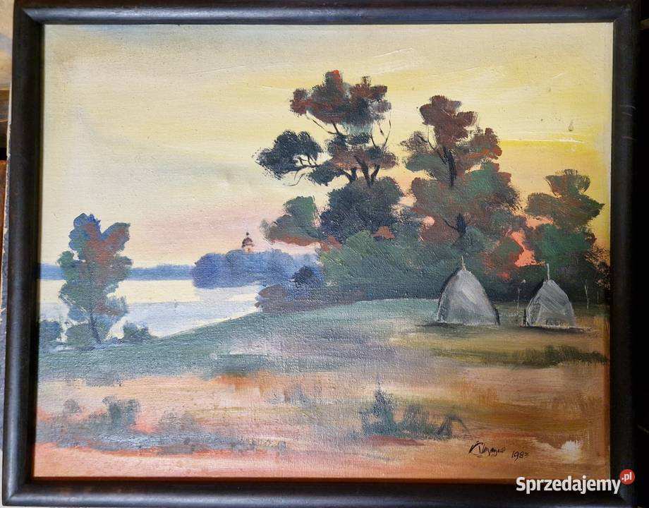 OBRAZ z pejzażem w ramie z autografem płótno Lublin