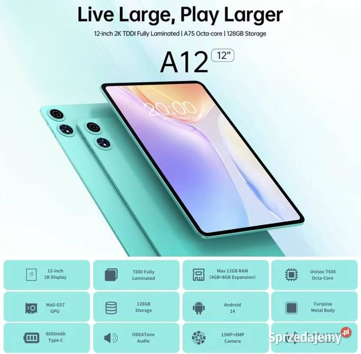 Tablet Odea A12 12 Android 14 2K Przekątna ekranu 12 Chrzanów