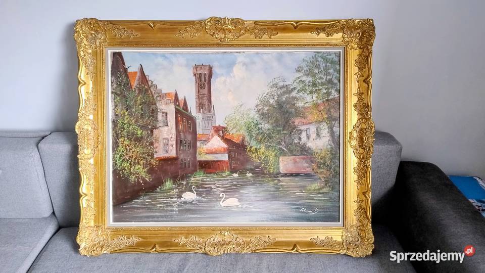 Stary obraz olej na płótnie w złotej ramie Malarstwo podkarpackie Iwonicz-Zdrój
