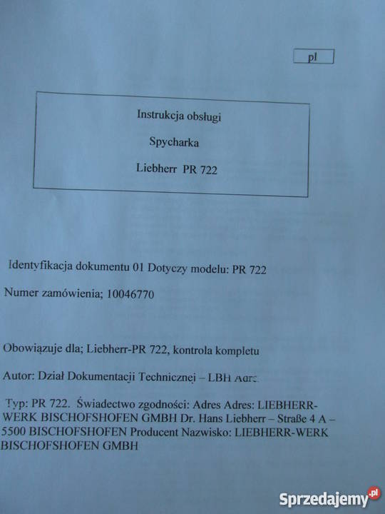 dtr instrukcja obsługi spycharka liebherr PR 722 Szczecin