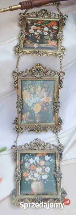 Piękne potrójne obrazki w mosiężnych ramkach Warszawa