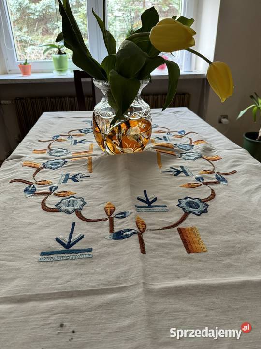 Obrus PRL lata60 te ręcznie haftowany Vintage śląskie Częstochowa